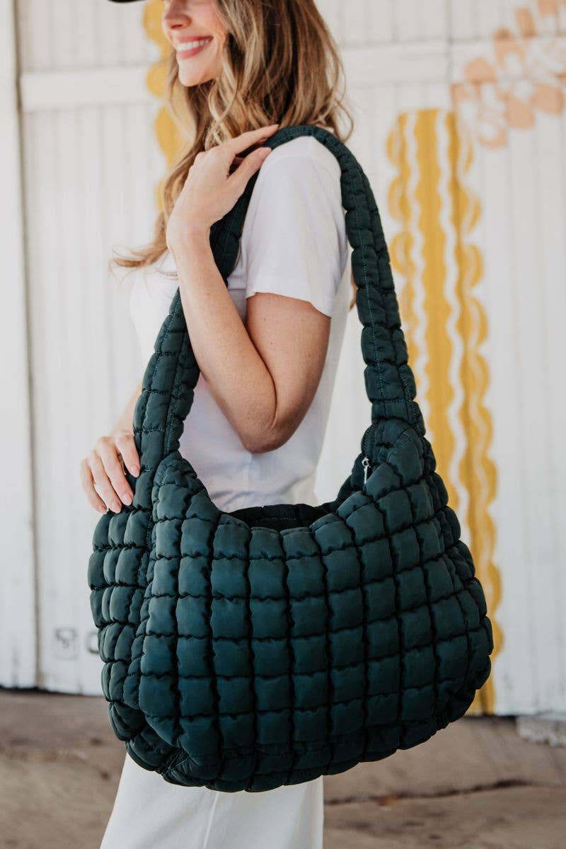 Forest Green Oversized Quilted Hobo Tote Bag