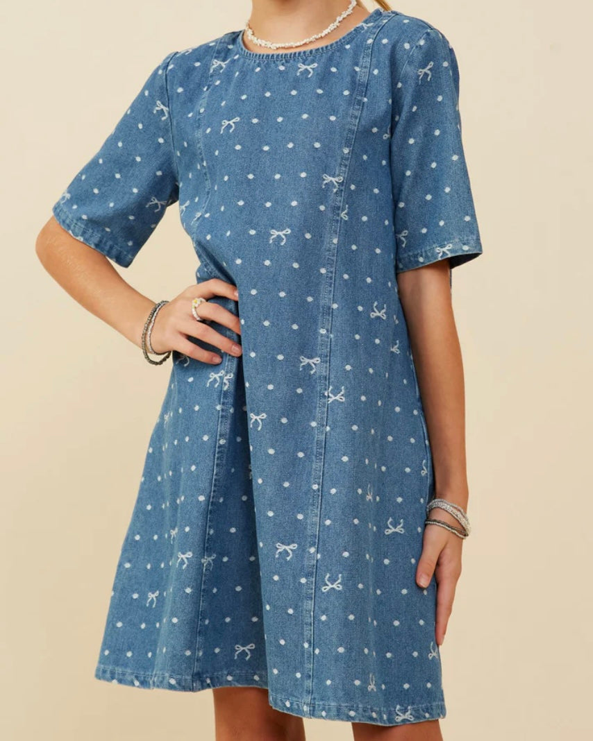 Polka Dots & Bows Denim Dress - The Swanky Shack