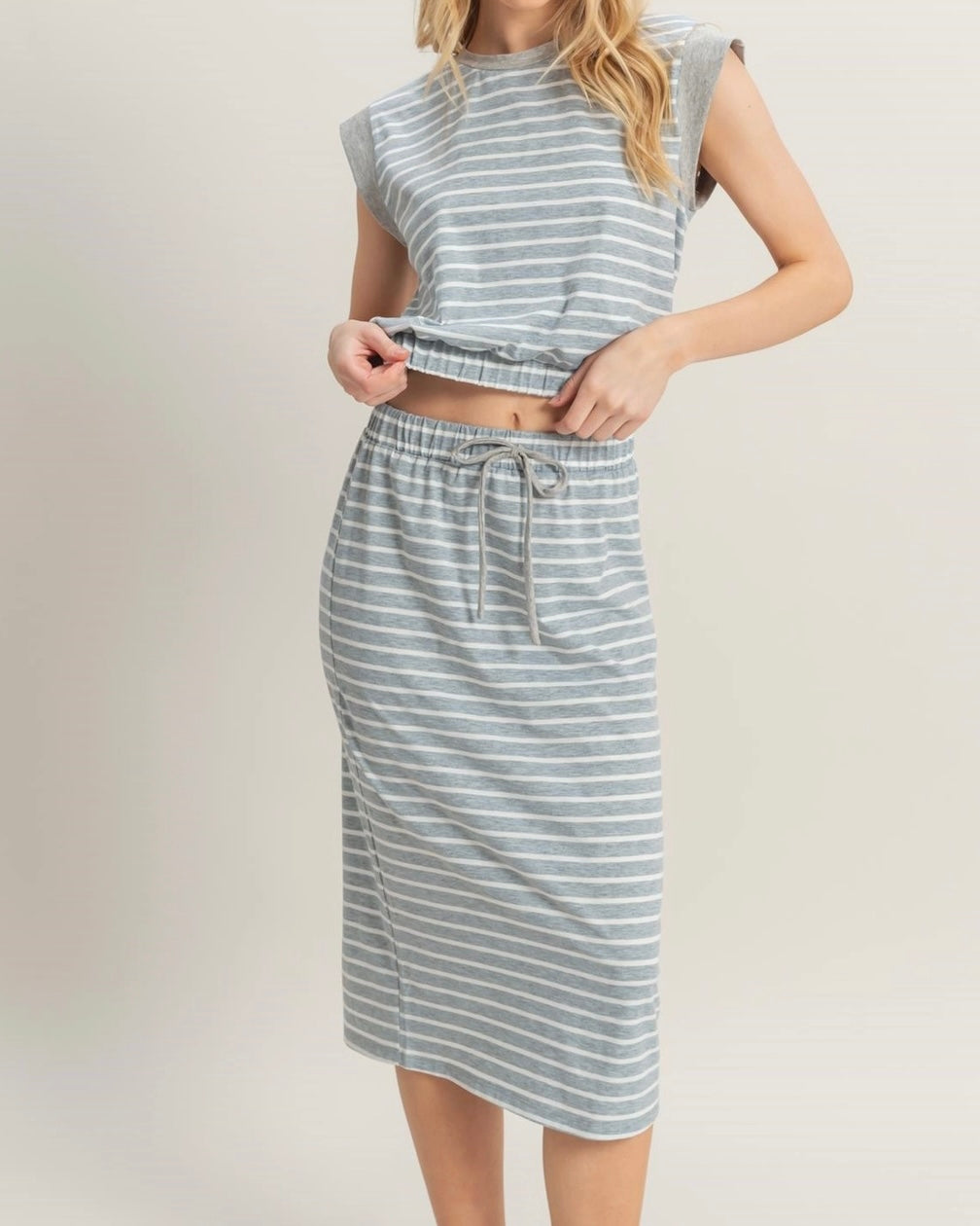Gray Striped Top & Skirt Set