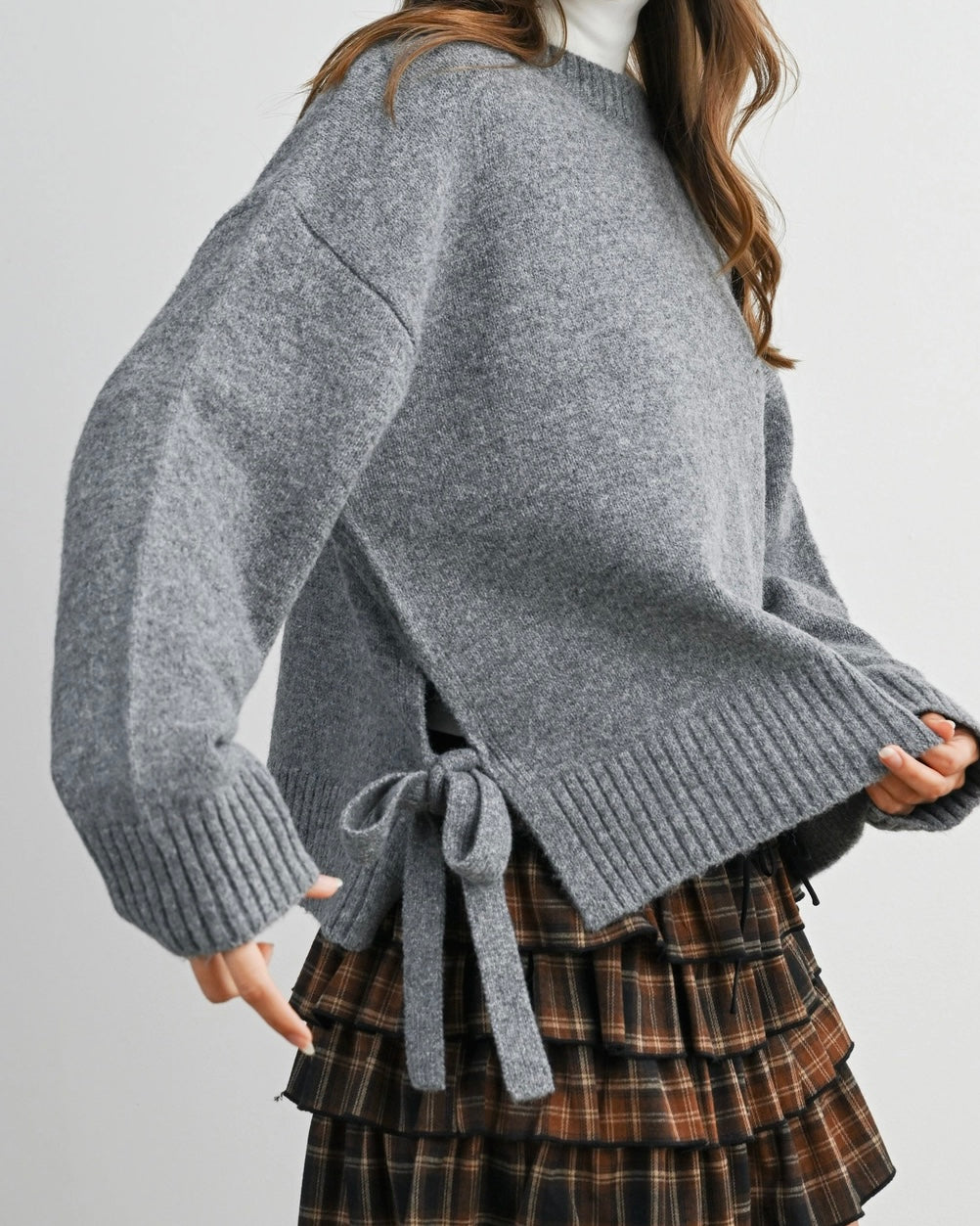 Grey Tie Split Crewneck Sweater