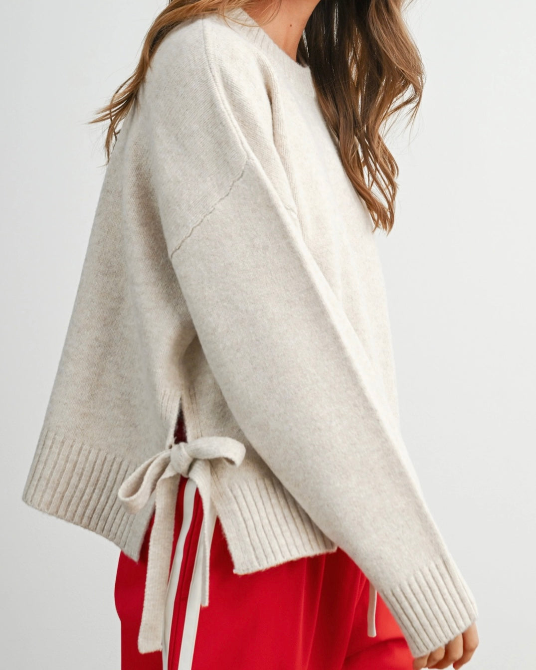 Taupe Tie Split Crewneck Sweater