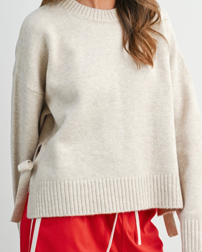 Taupe Tie Split Crewneck Sweater