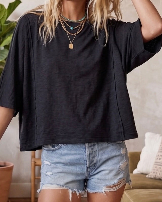 Black Oversized Raw Edge Tee