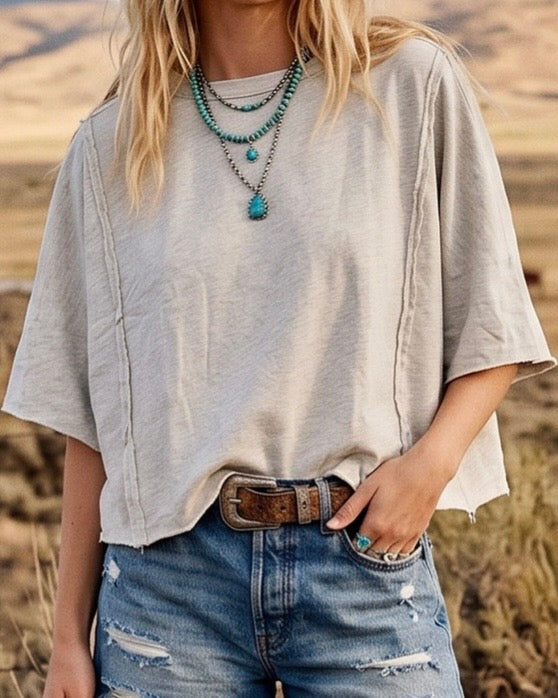 Oatmeal Oversized Raw Edge Tee