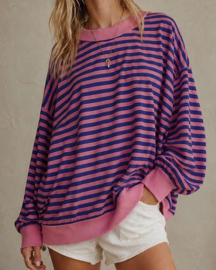 Pink/Royal Stripe Terry Pullover