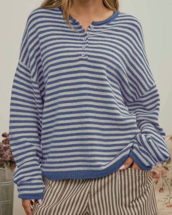 Henley Stripe Blue Sweater