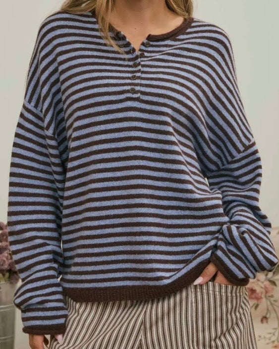Henley Stripe Chocolate Brown Sweater