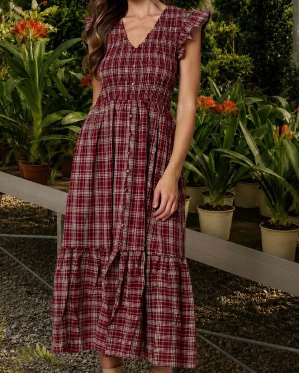 Burgundy Plaid Midi Dress