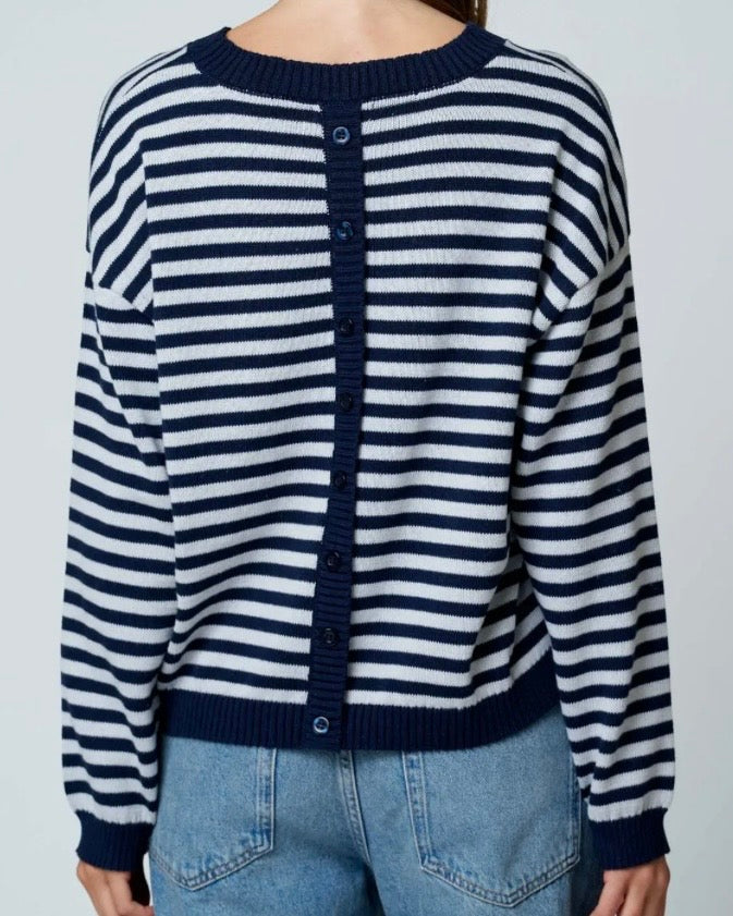 Navy Stripe Back Button Sweater