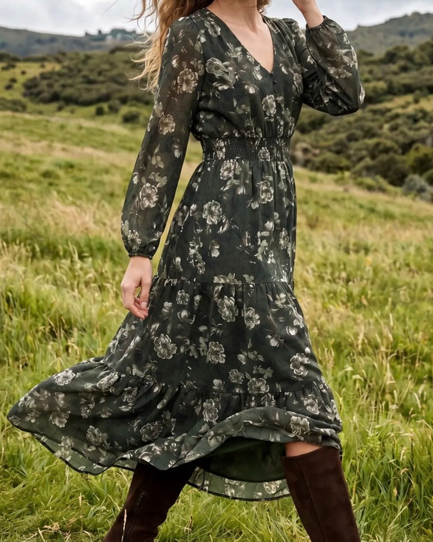 Glenda Green Floral Dress - The Swanky Shack