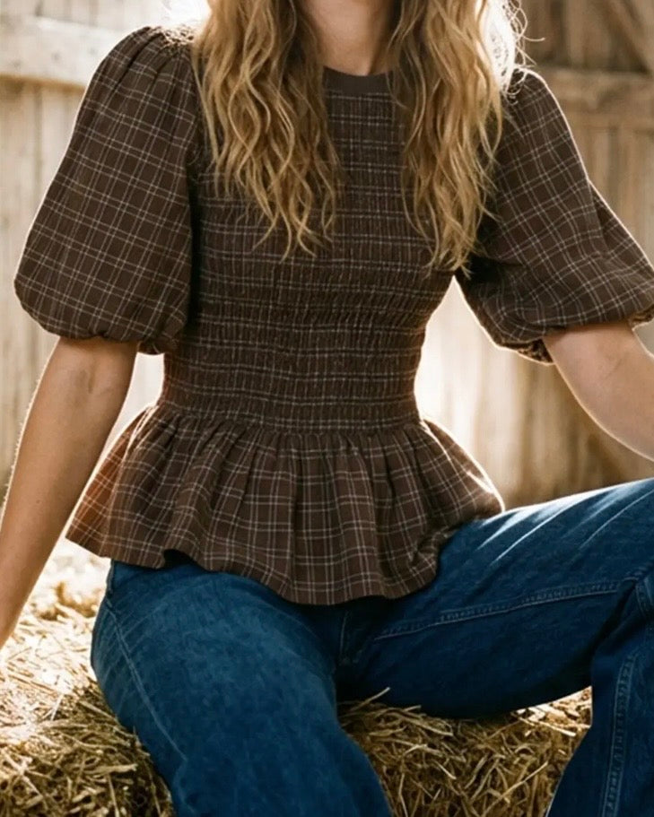 Brown Plaid Peplum Top - The Swanky Shack