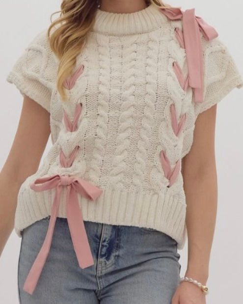 Cable Knit Cream Bow Sweater Top