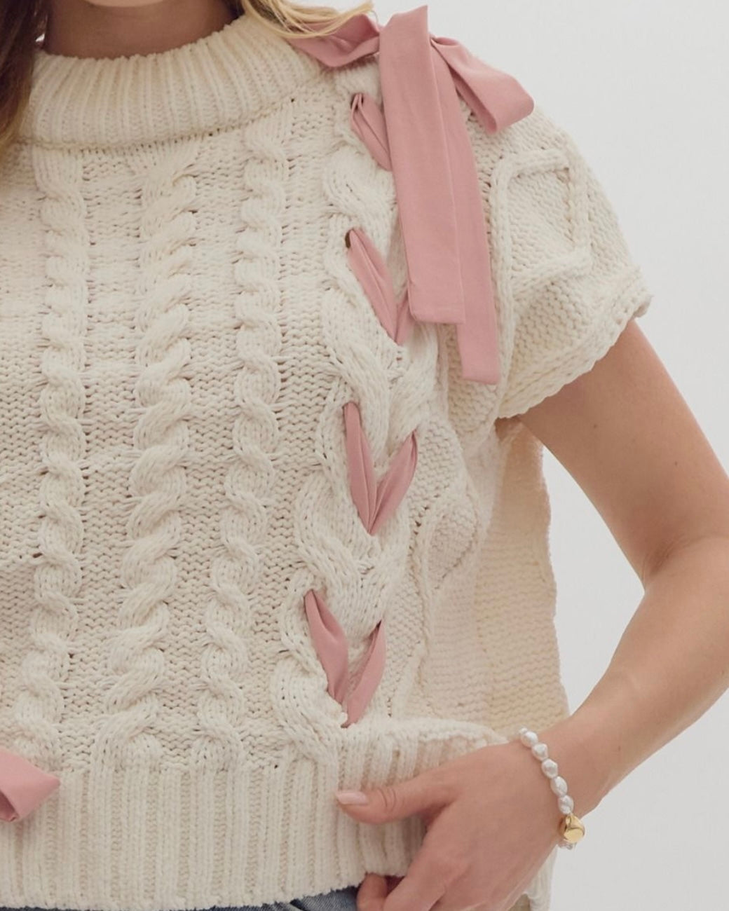 Cable Knit Cream Bow Sweater Top