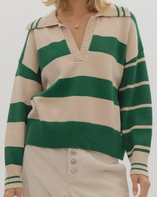 Green Stripe Collared Sweater