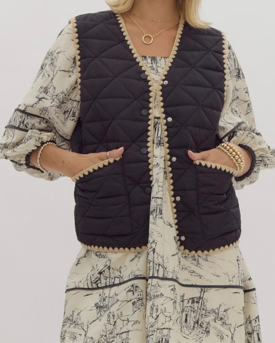 Scalloped Quilted Black Vest