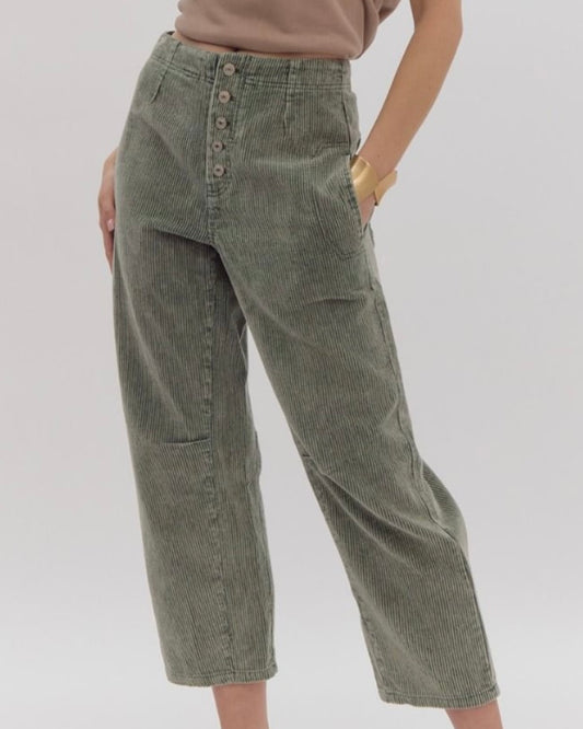 Olive Corduroy Barrel Pant