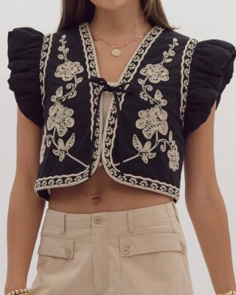 Embroidered Crop Black Vest