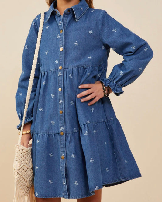 Bow Print Denim Dress