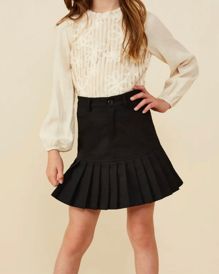 Black Pleated Denim Skirt