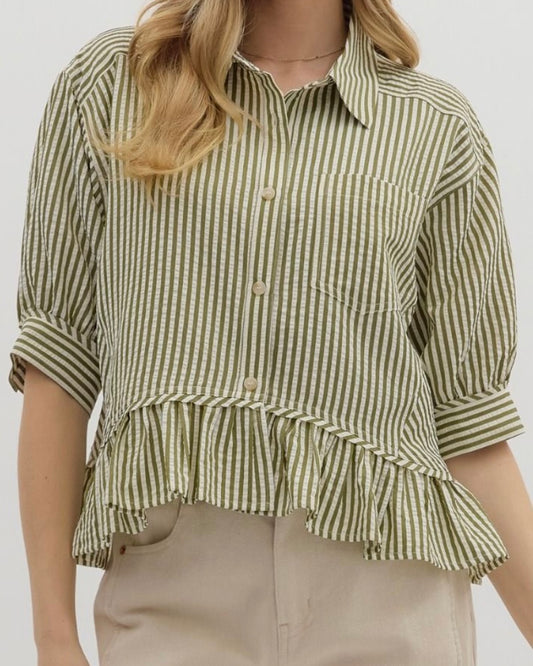 Olive Stripe Ruffle Shirt