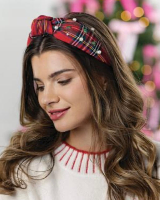 Red Tartan Pearl Headband