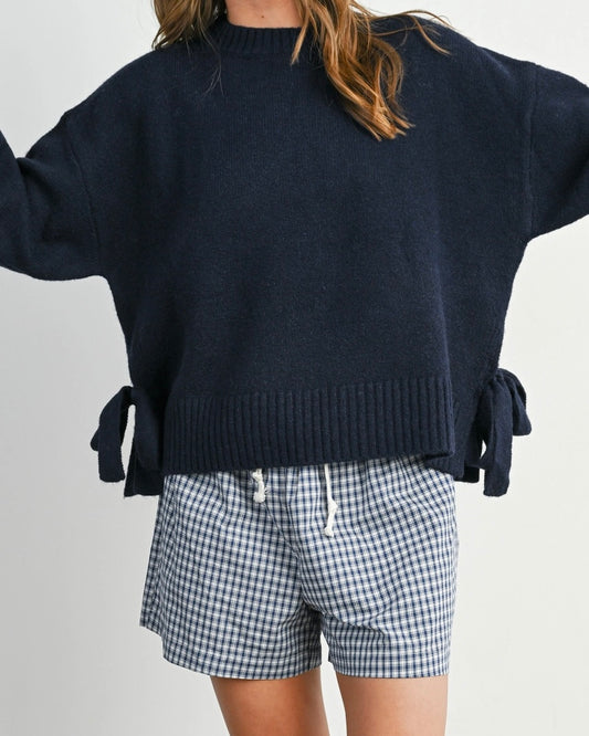 Navy Tie Split Crewneck Sweater