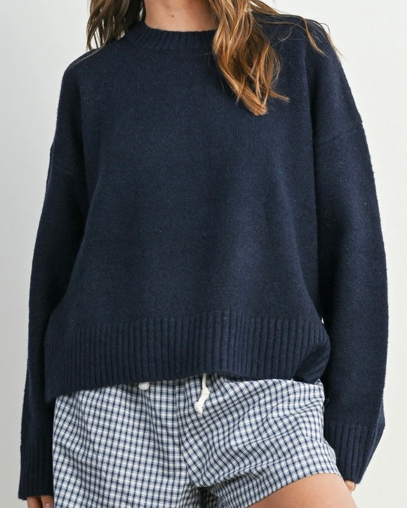 Navy Tie Split Crewneck Sweater