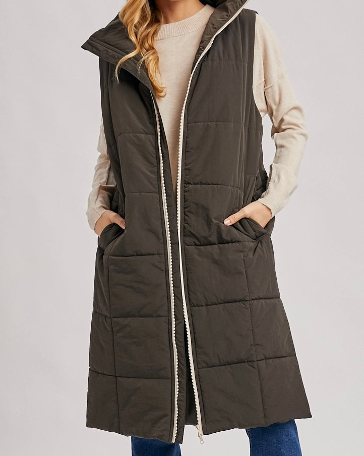 Quilted Ash Longline Puffer Vest - The Swanky Shack
