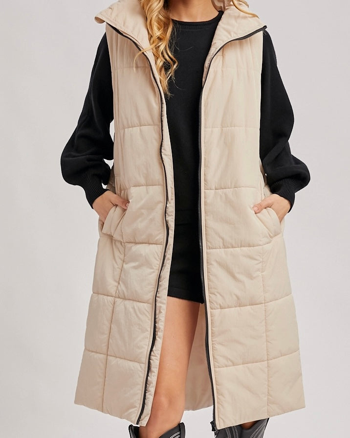 Quilted Sand Longline Puffer Vest - The Swanky Shack