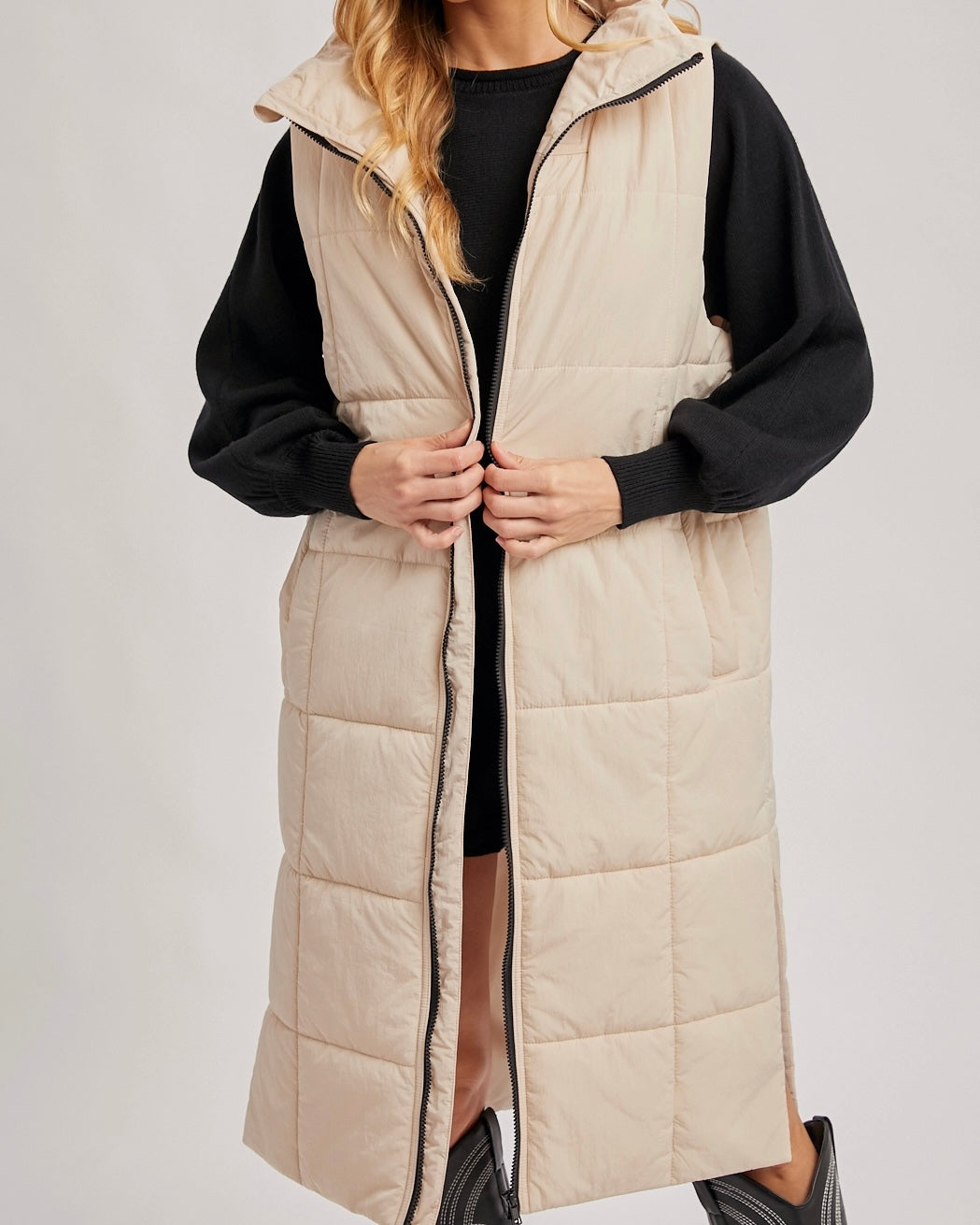 Quilted Sand Longline Puffer Vest - The Swanky Shack