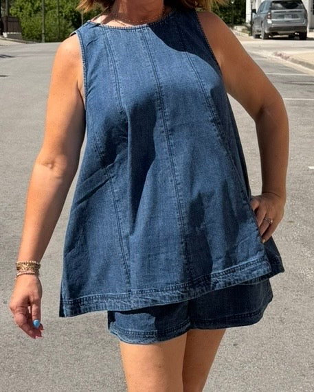 Sleeveless Round Neck Denim Short Set