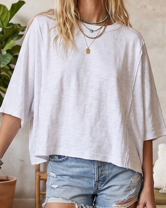 White Oversized Raw Edge Tee - The Swanky Shack