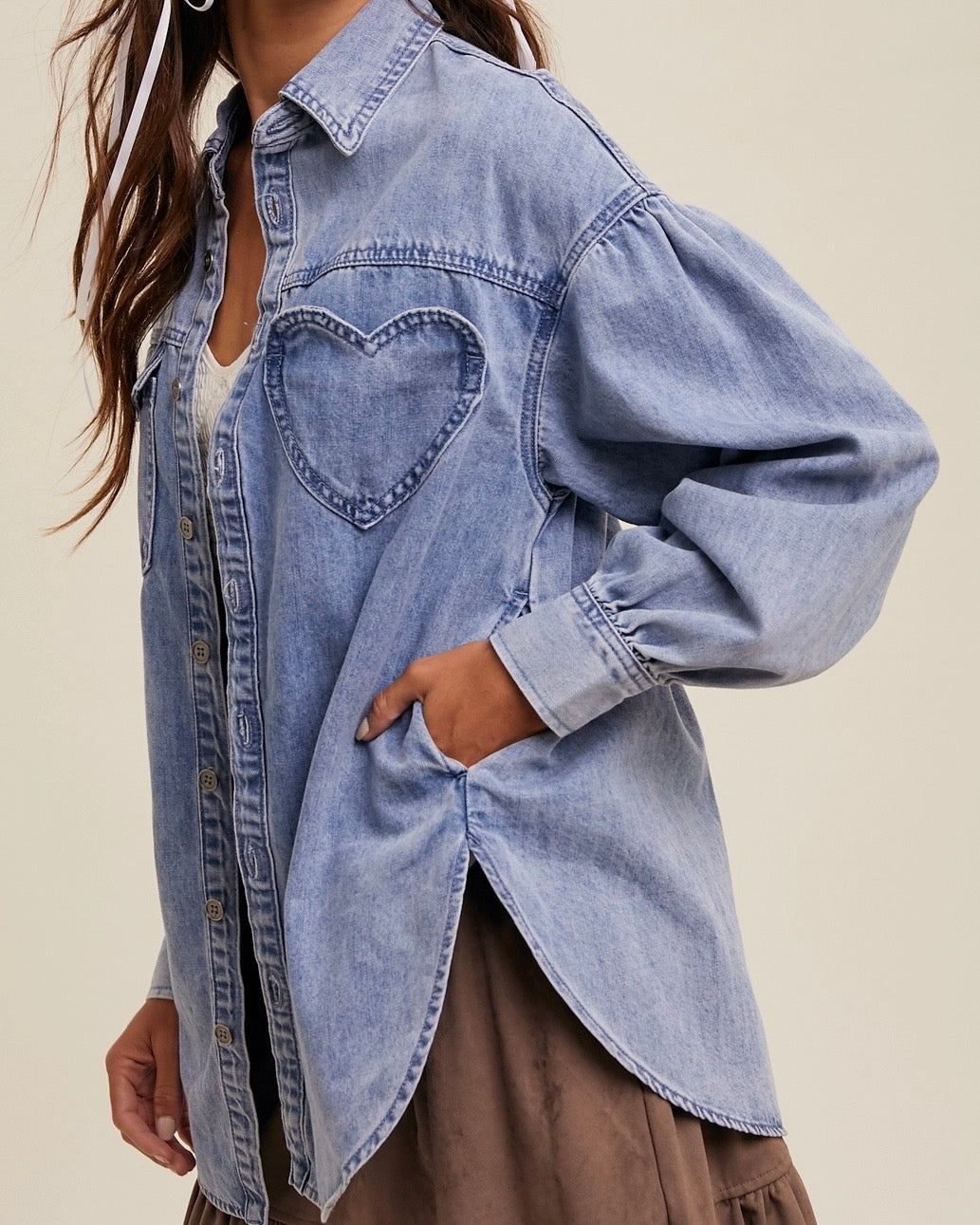 Heart Pocket Denim Shacket