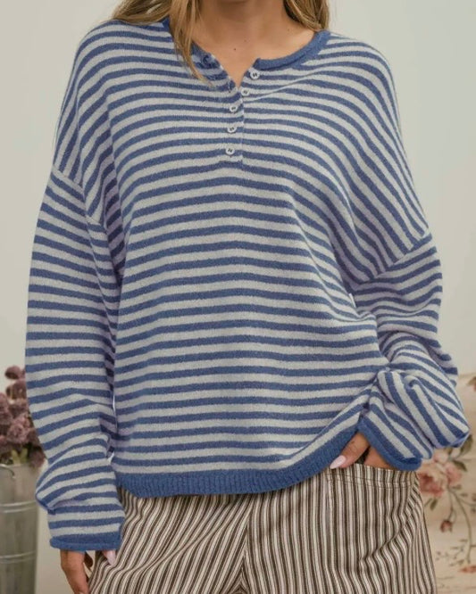 Henley Stripe Blue Sweater