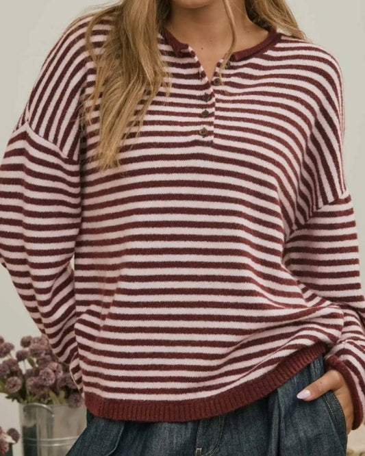 Henley Stripe Burgundy Sweater