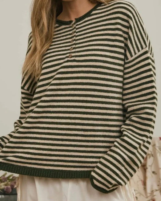 Henley Stripe Olive Sweater