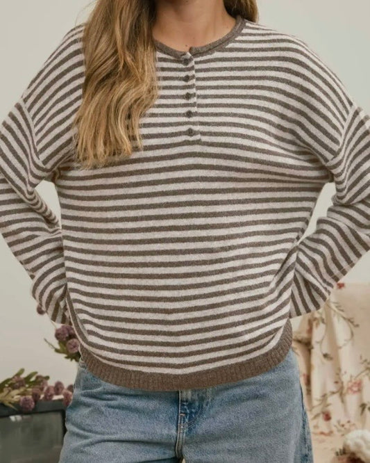 Henley Stripe Mocha Sweater