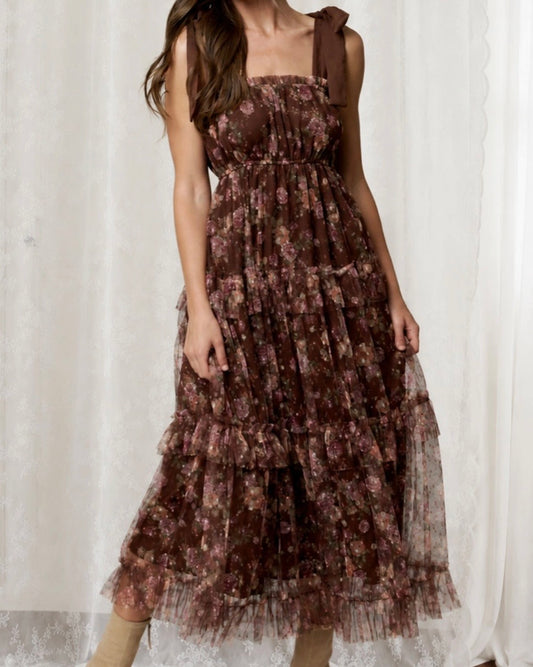 Brown Floral Chiffon Midi Dress