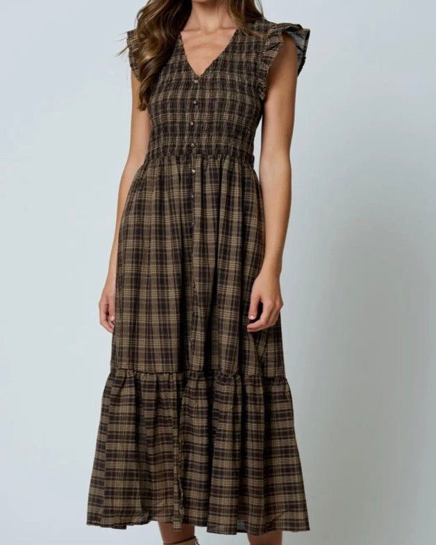 Brown Plaid Midi Dress