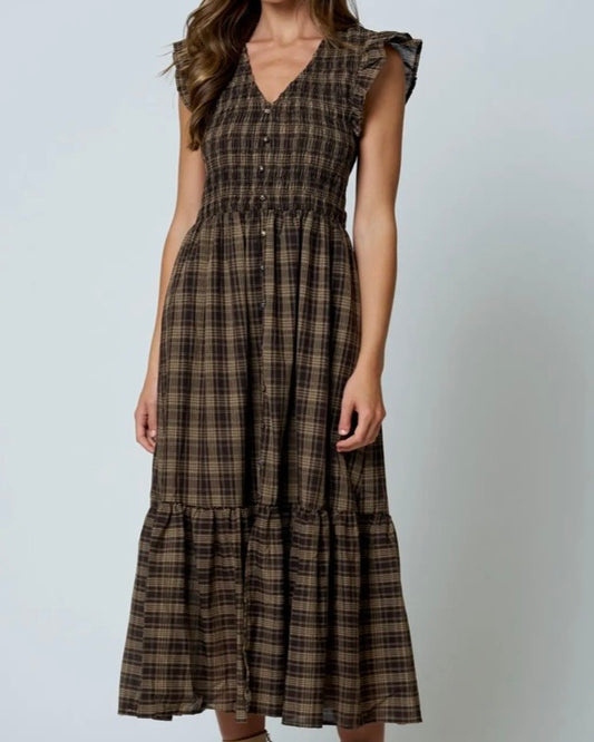Brown Plaid Midi Dress