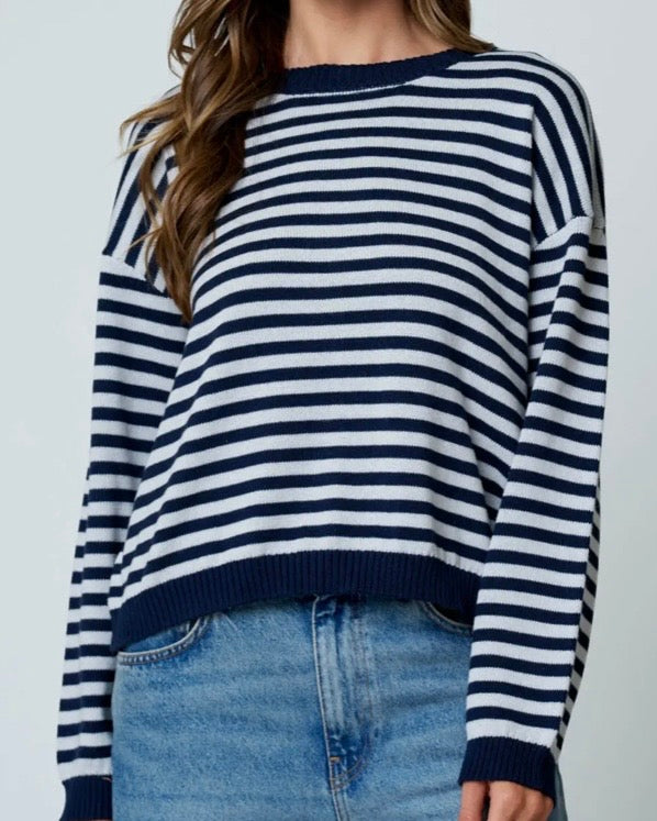 Navy Stripe Back Button Sweater