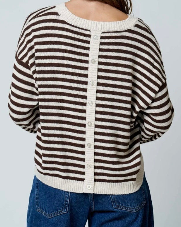 Oatmeal Stripe Back Button Sweater