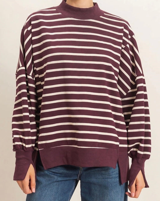 Raspberry Stripe Mock Neck Sweatshirt