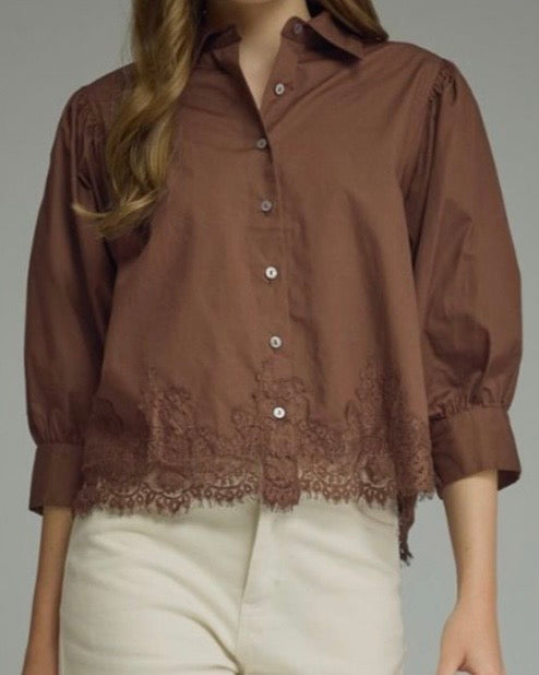 Brown Lace Hem Shirt
