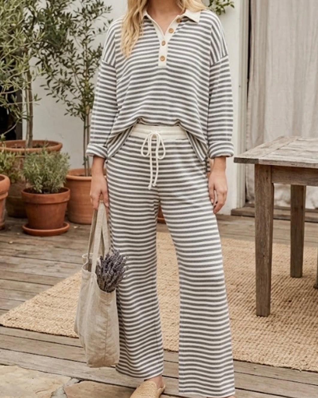 Lightweight Heather Gray Stripe Wide Leg Set - The Swanky Shack