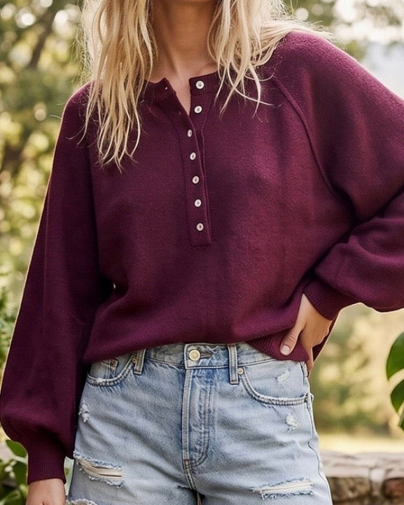 Burgundy Henley Sweater Top - The Swanky Shack