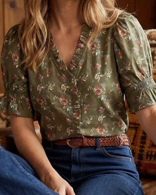 Floral Ruffled Neck Blouse