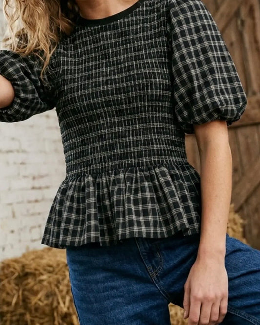 Black Plaid Peplum Top - The Swanky Shack