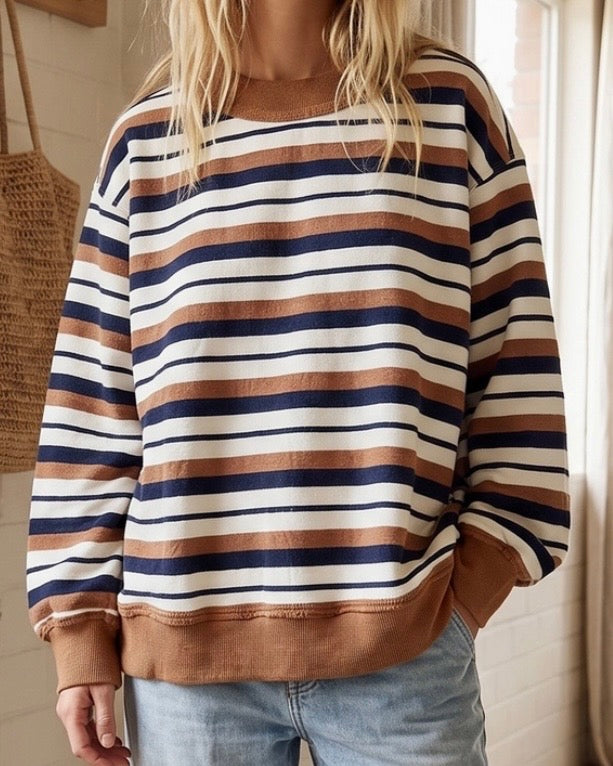 Oversized Camel/Navy Stripe Sweatshirt - The Swanky Shack